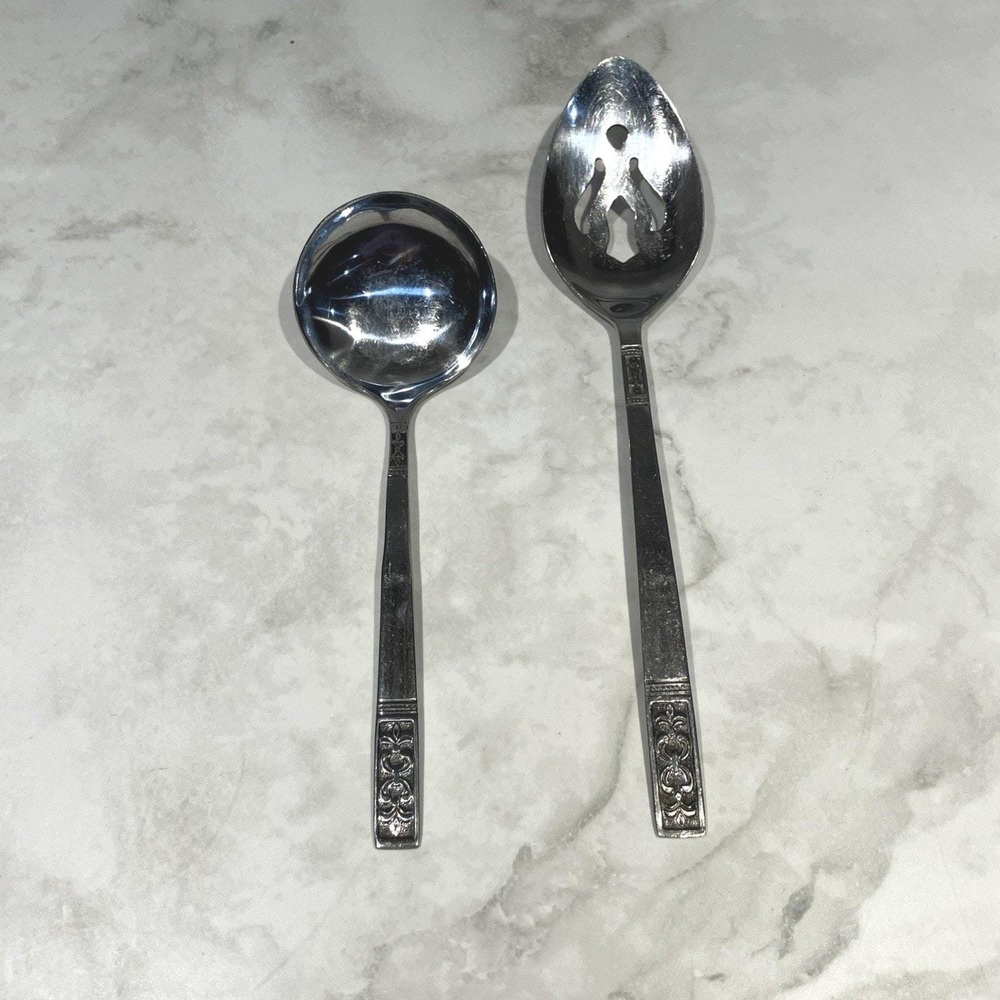 2 Serving Spoons Customcraft Stainless CUS3 Fleur De Lis Flatware Taiwan